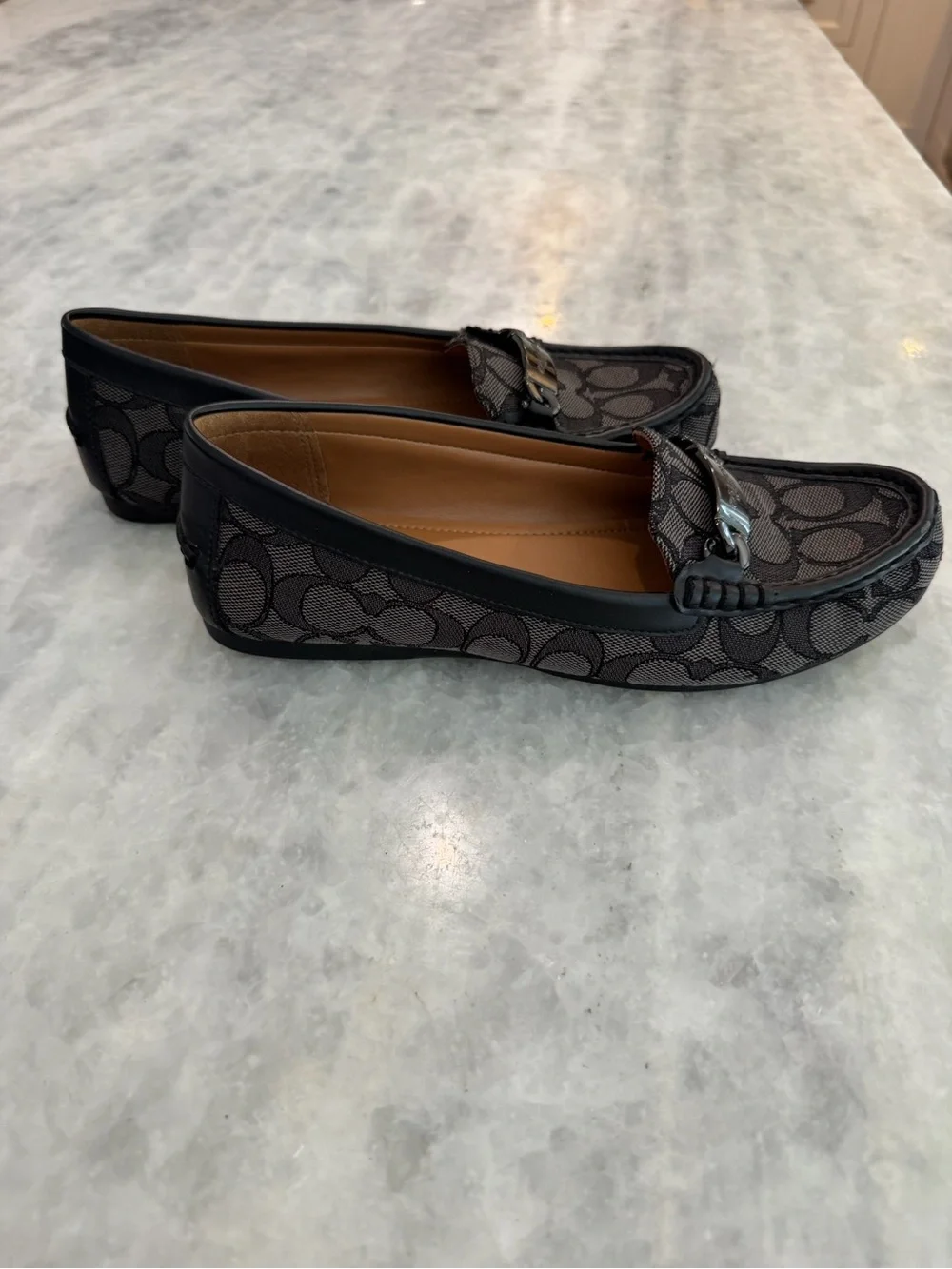 Coach Brown Signature C Gunmetal Chain-Trim Loafers